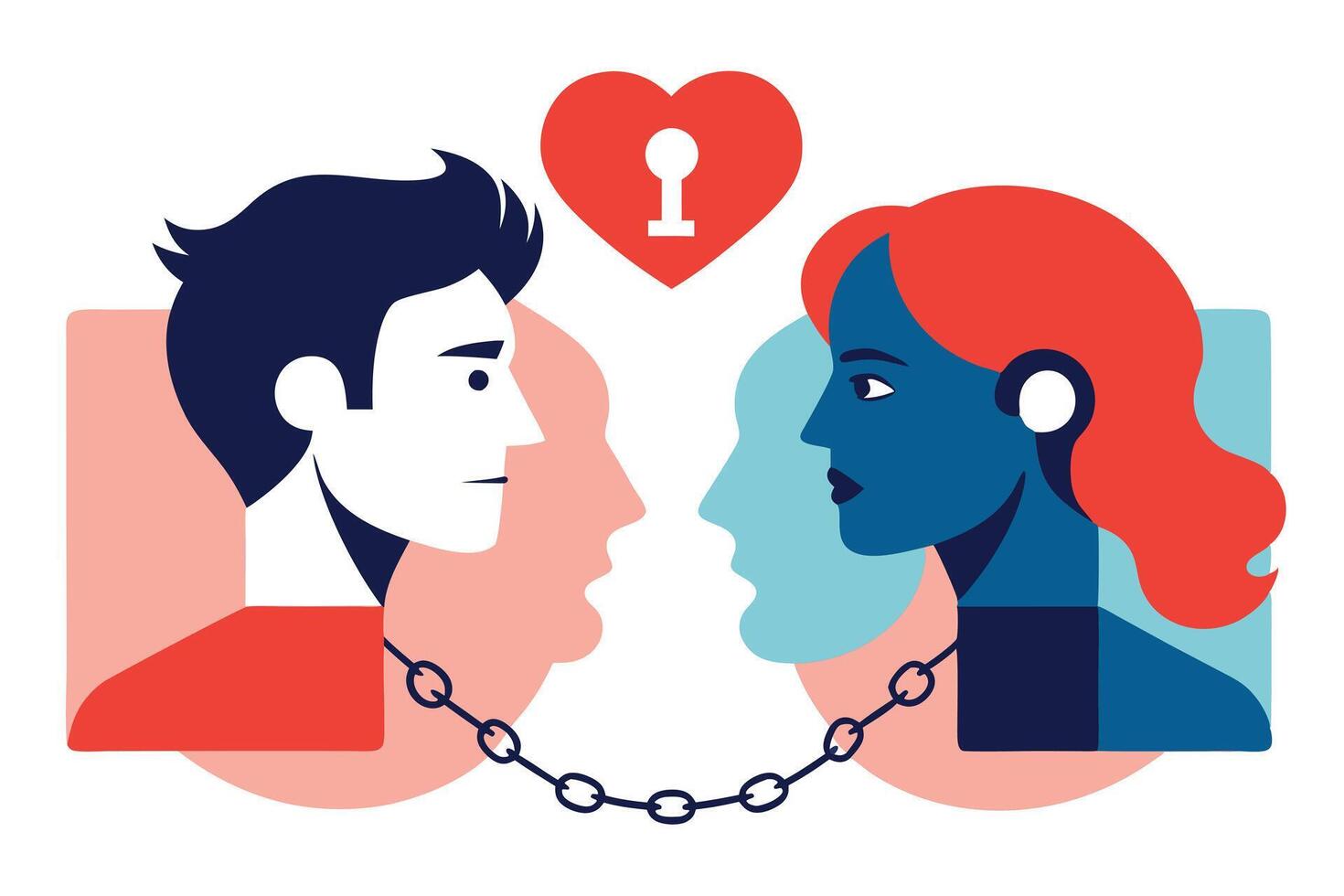 Flat Faces Couple Linked by Chain with Lock Heart on White Background vector
