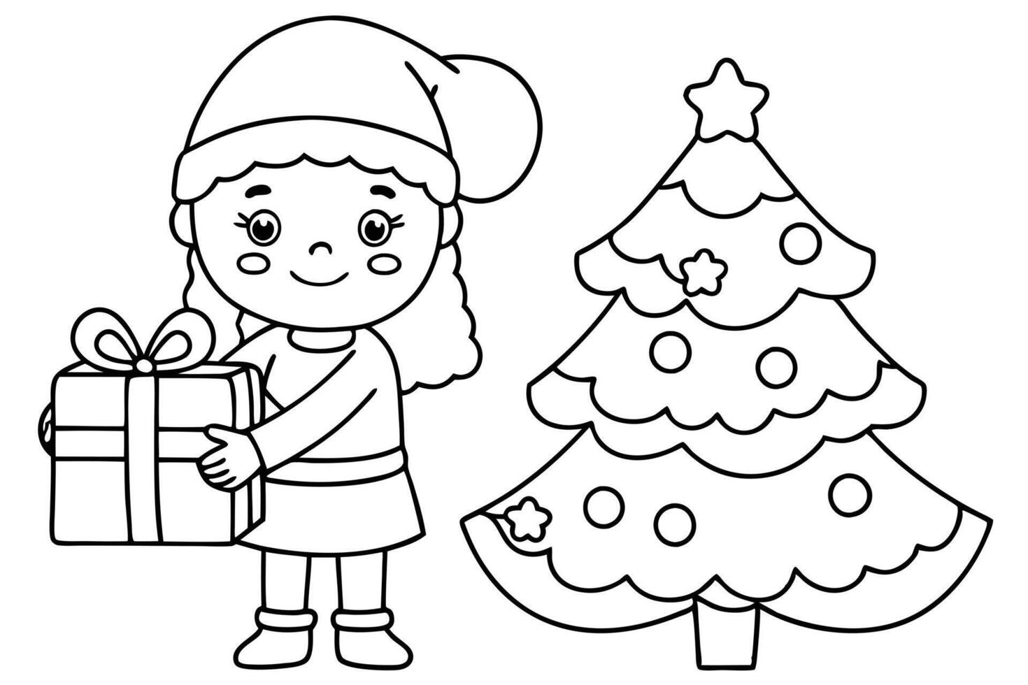 Santa Helper with Gift and Christmas Tree Outline on White Background for Coloring vector