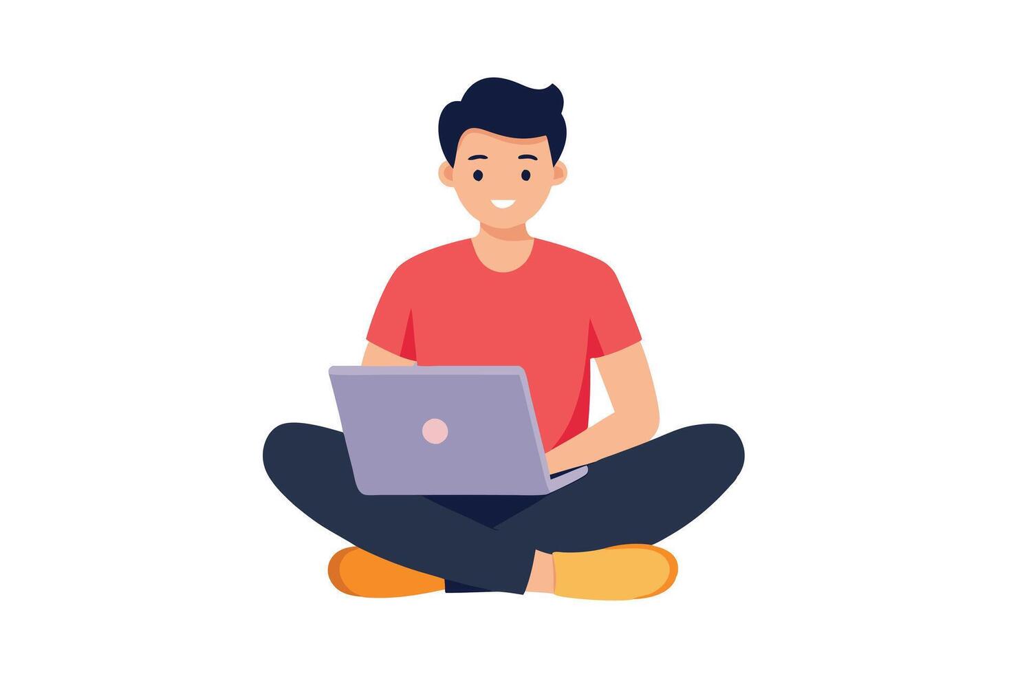 Happy Man with Laptop Sitting Crosslegged, on White Background vector