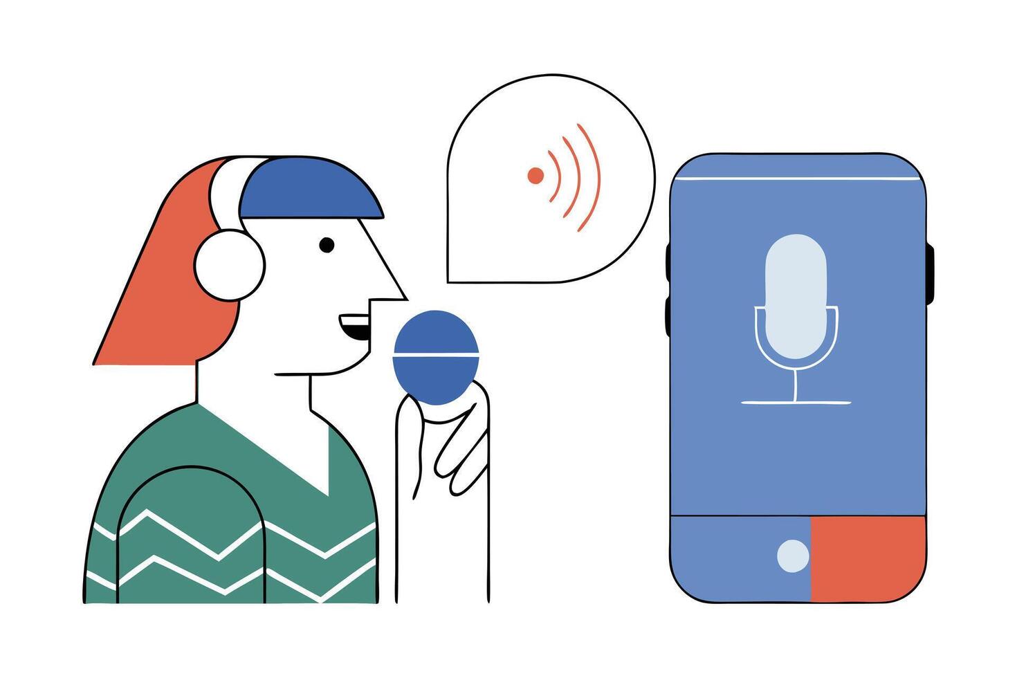 Person with Headphones Speaking into Microphone Beside Phone on White Background vector
