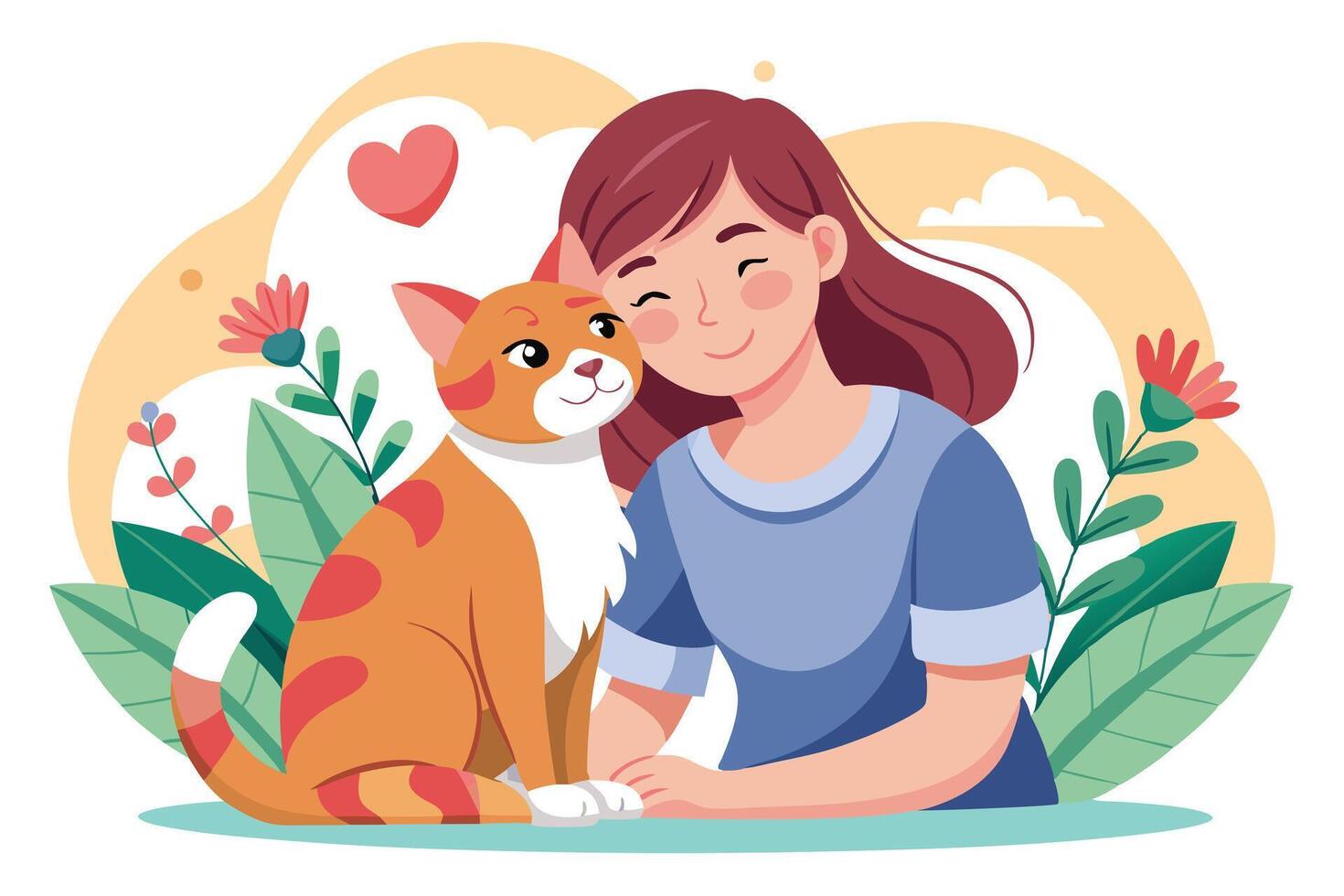Cartoon Ginger Cat Sitting with Woman Surrounded by Plants on White Background vector