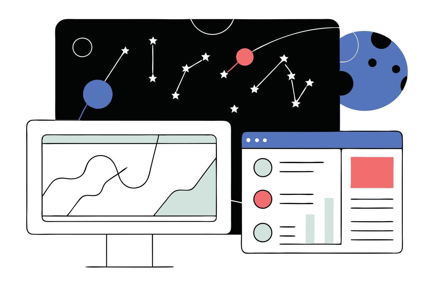 Stylish Data Analysis on Computer Screens with Starry Sky Element Isolated vector