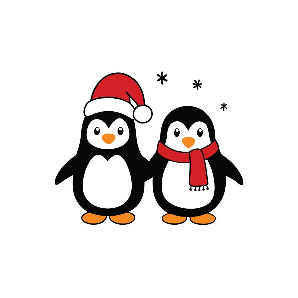 Two Cute Penguins Cartoon with Santa Hat and Scarf on White Background vector