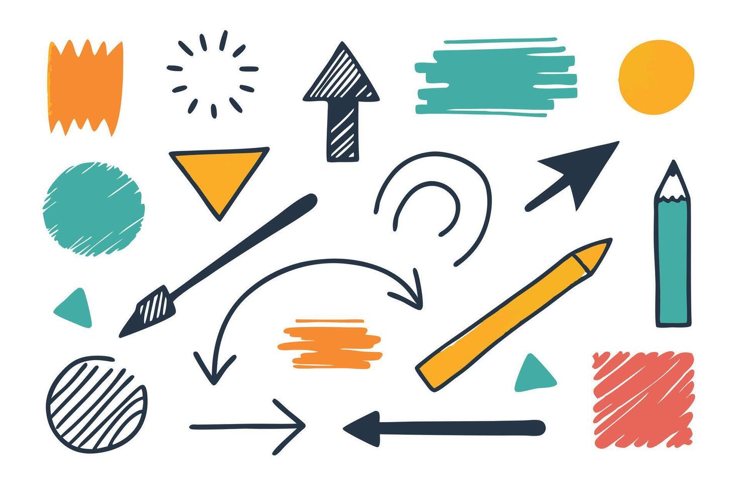 Hand Drawn Arrows and Geometric Shapes with Lines and Scribbles on White Backdrop vector