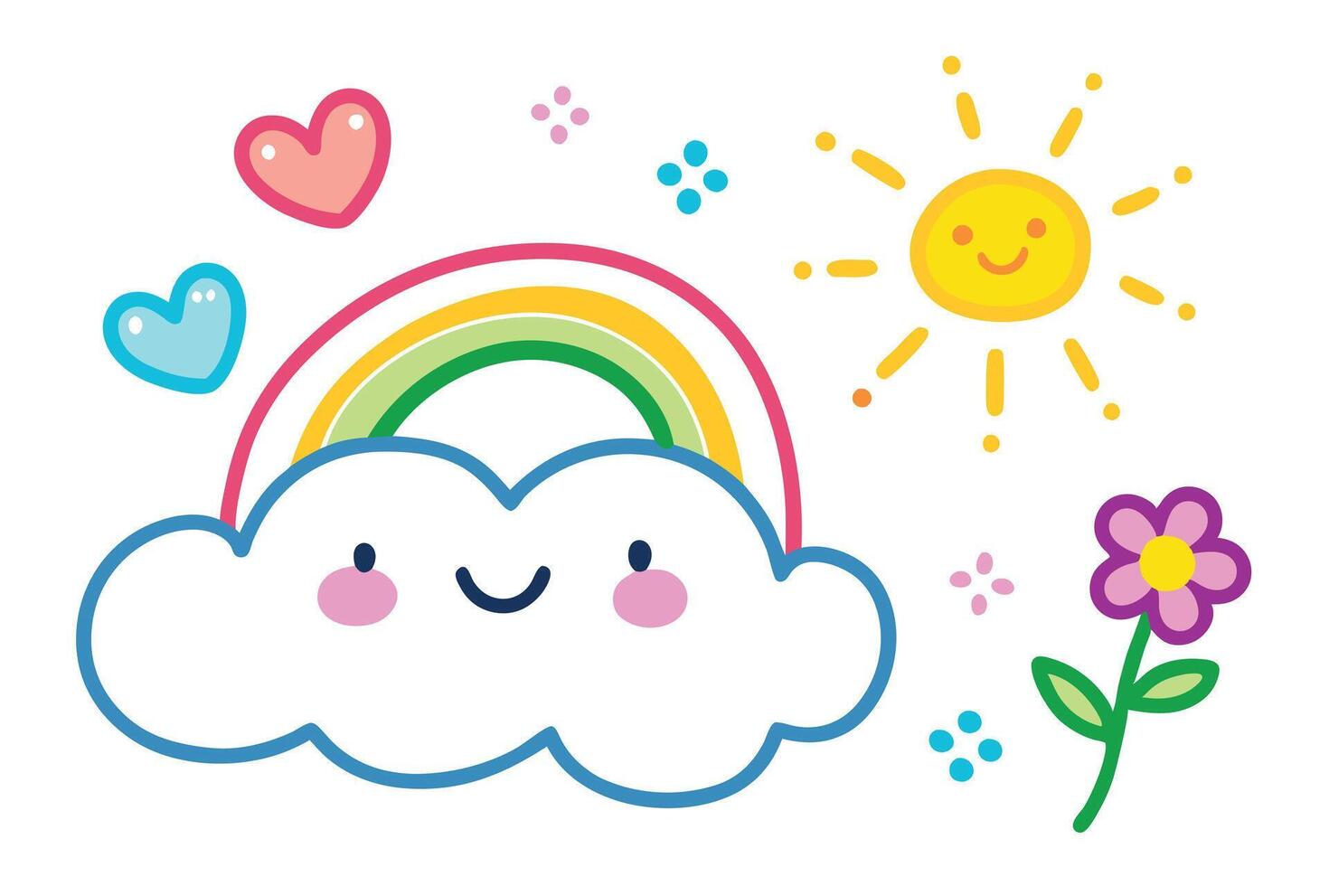 Colorful Rainbow Cloud with Smiling Sun, Pink Heart, and Cute Flower on White Background vector
