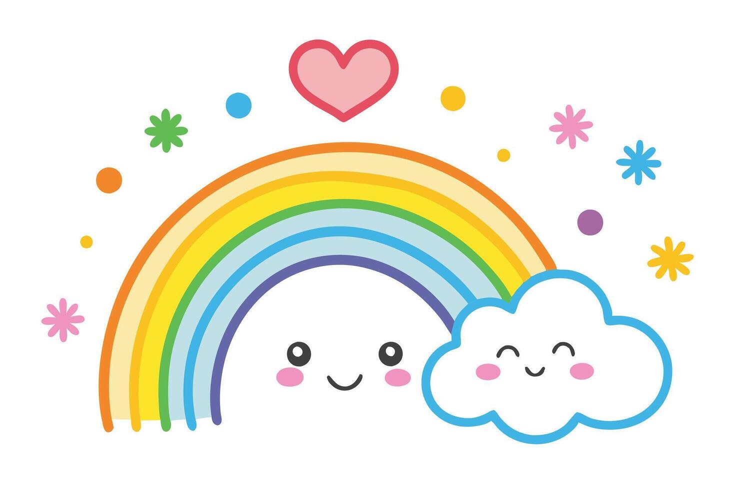 Kawaii Rainbow with Smiling Cloud and Heart on White Background Cute Flat Design vector