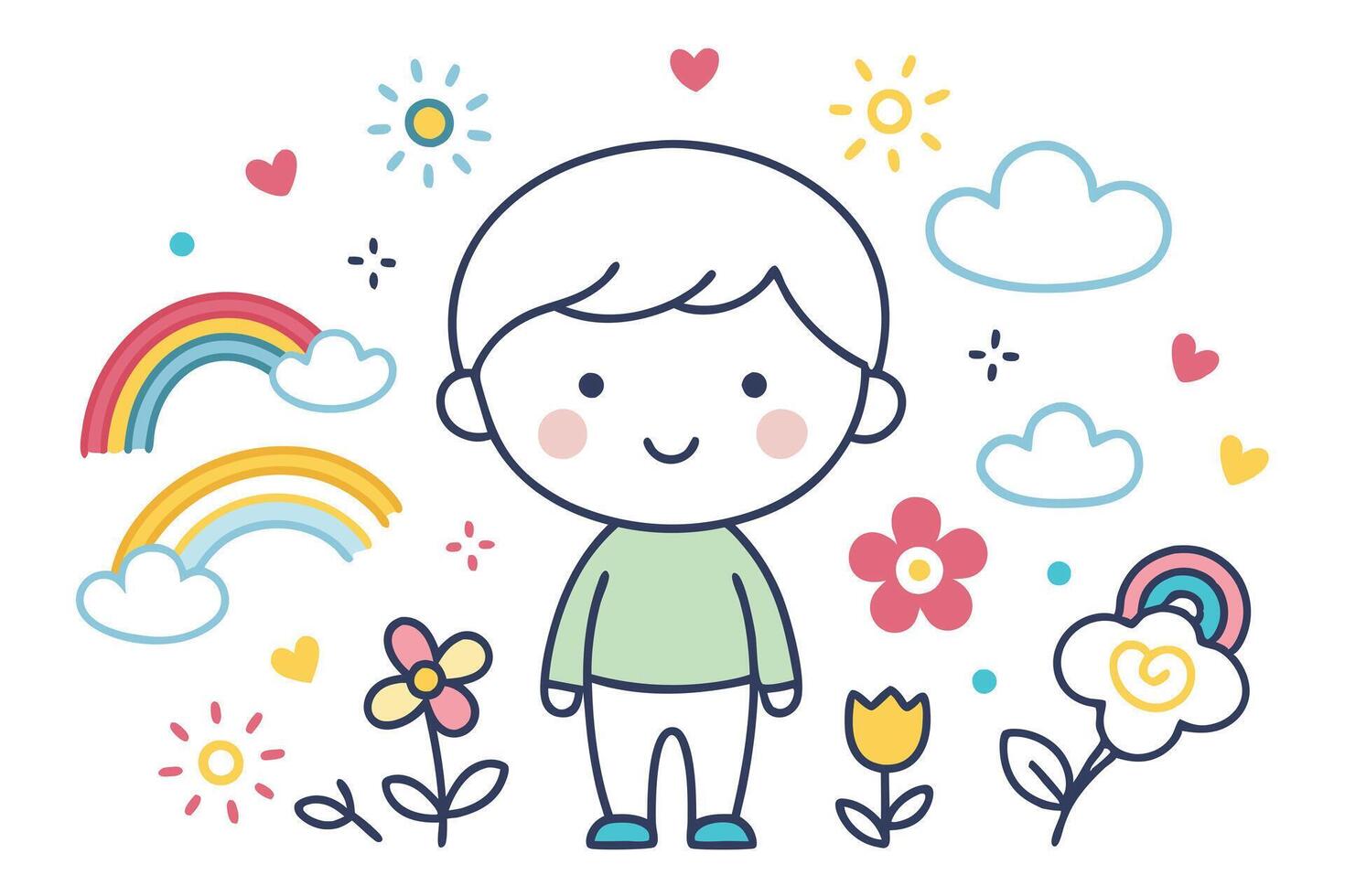 Cute Boy Cartoon Character with Rainbows, Flowers, Hearts on White Background vector