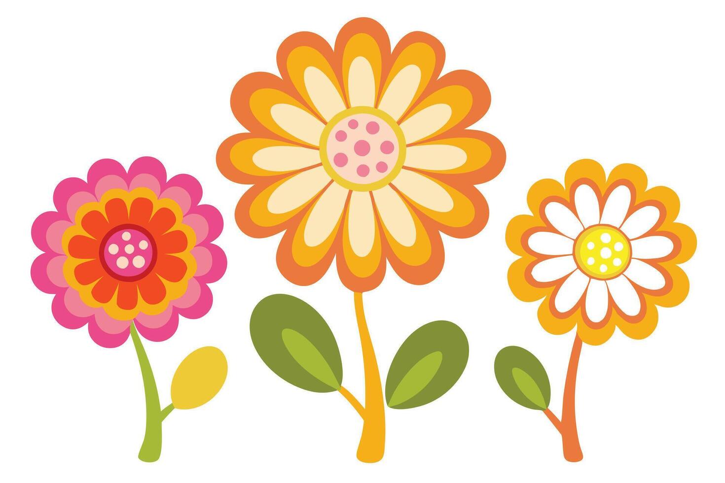 Colorful Floral Set With Retro Style Petals, Stems and Leaves On White Background vector