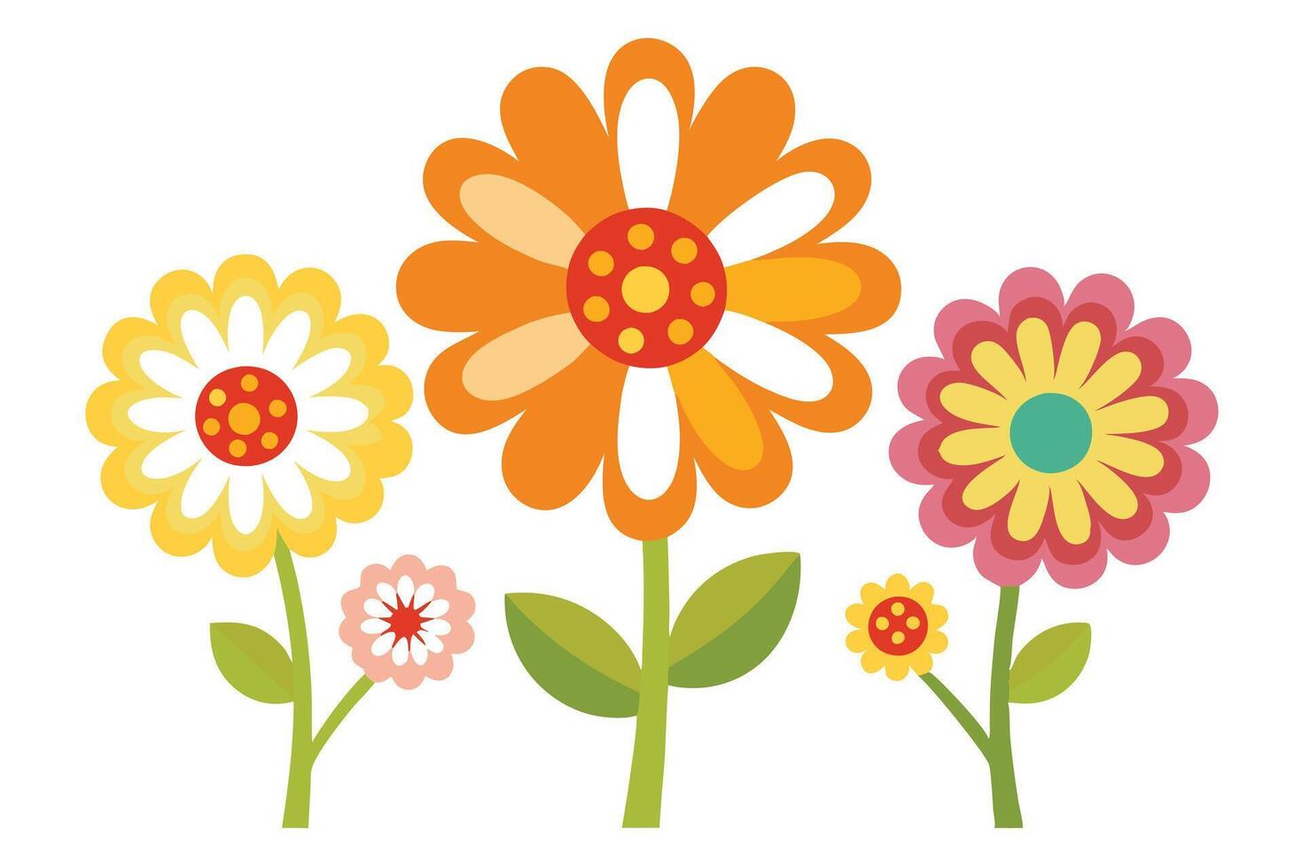 Colorful Retro Flower Garden with Yellow Orange Pink Blooms on Stems vector