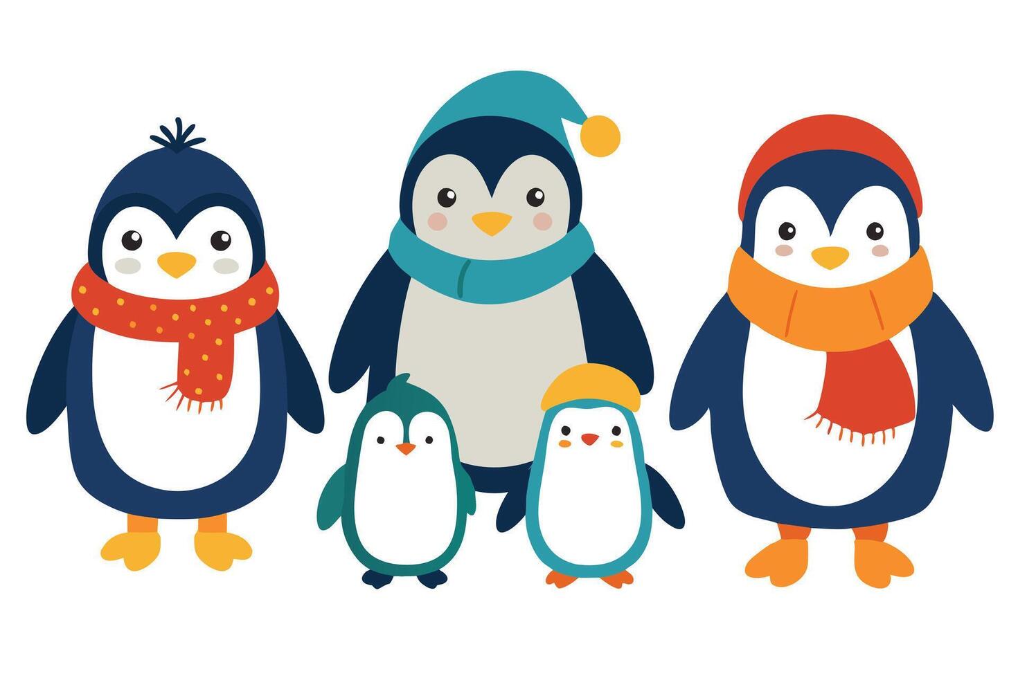 Whimsical Cartoon Penguin Family with Colorful Winter Hats and Scarves vector