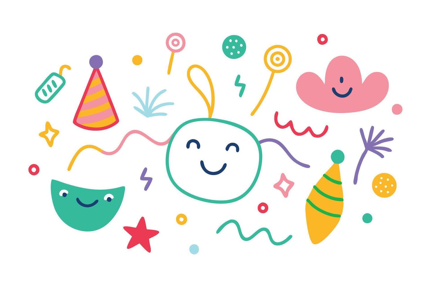 Cheerful Cartoon Party Elements, Smiling Faces, Hat, Confetti on White Background vector