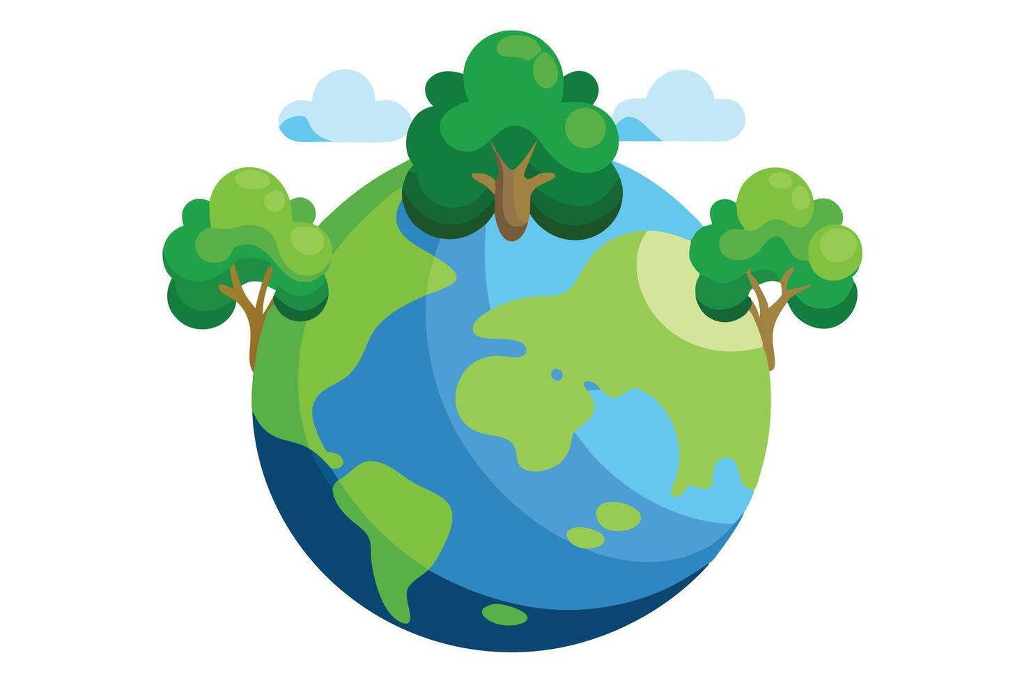 Cartoon Earth with Trees and Clouds in Green and Blue on White vector