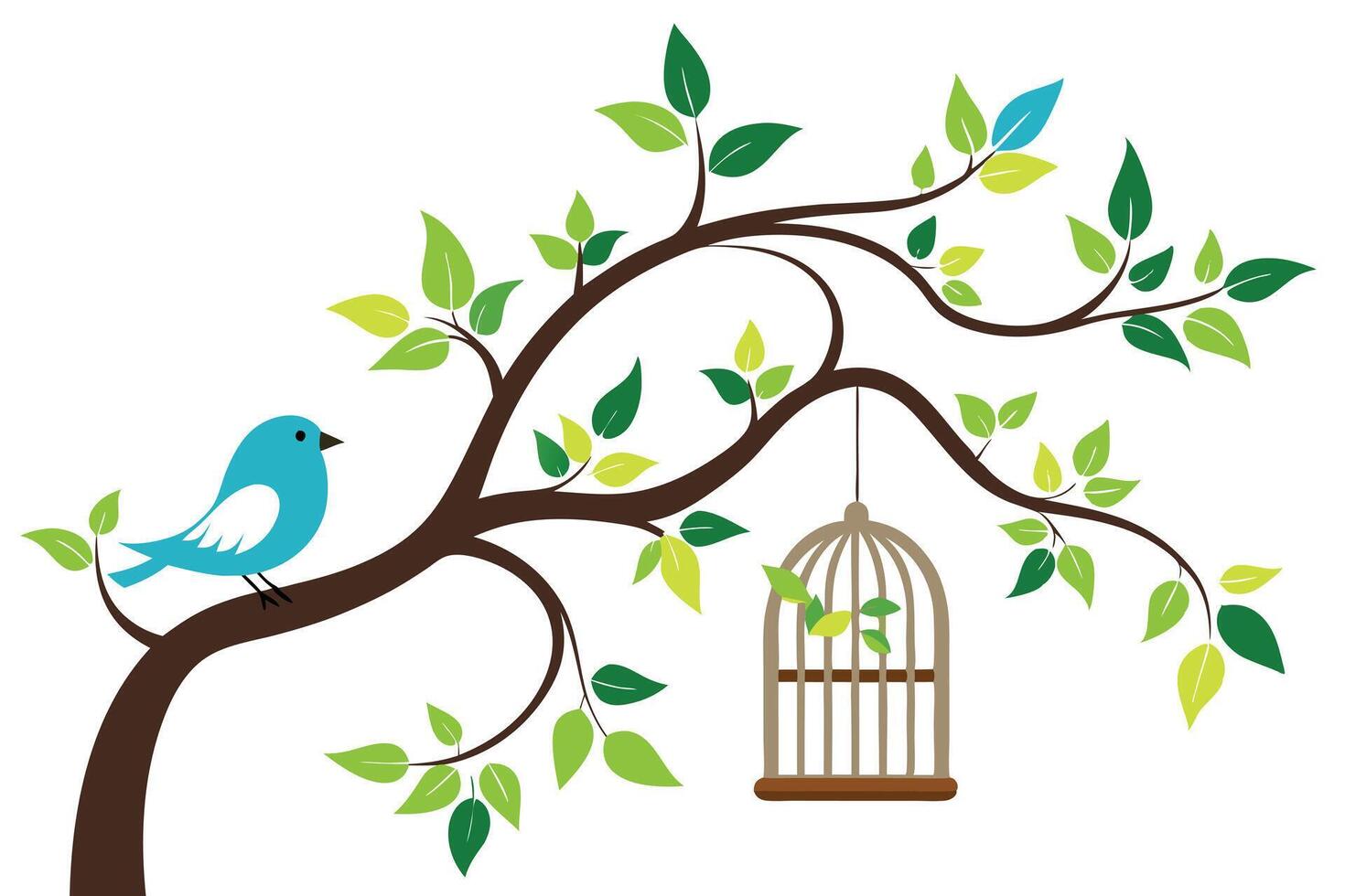 Flat Blue Bird on Tree Branch with Cage, Green Leaves on White Background vector