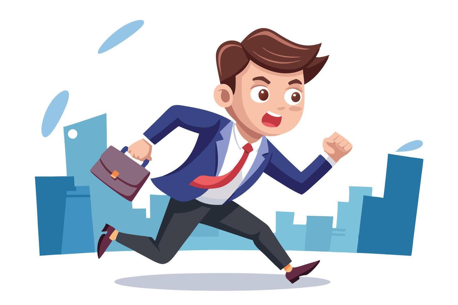 Cartoon Businessman Running With Briefcase On Cityscape Background vector