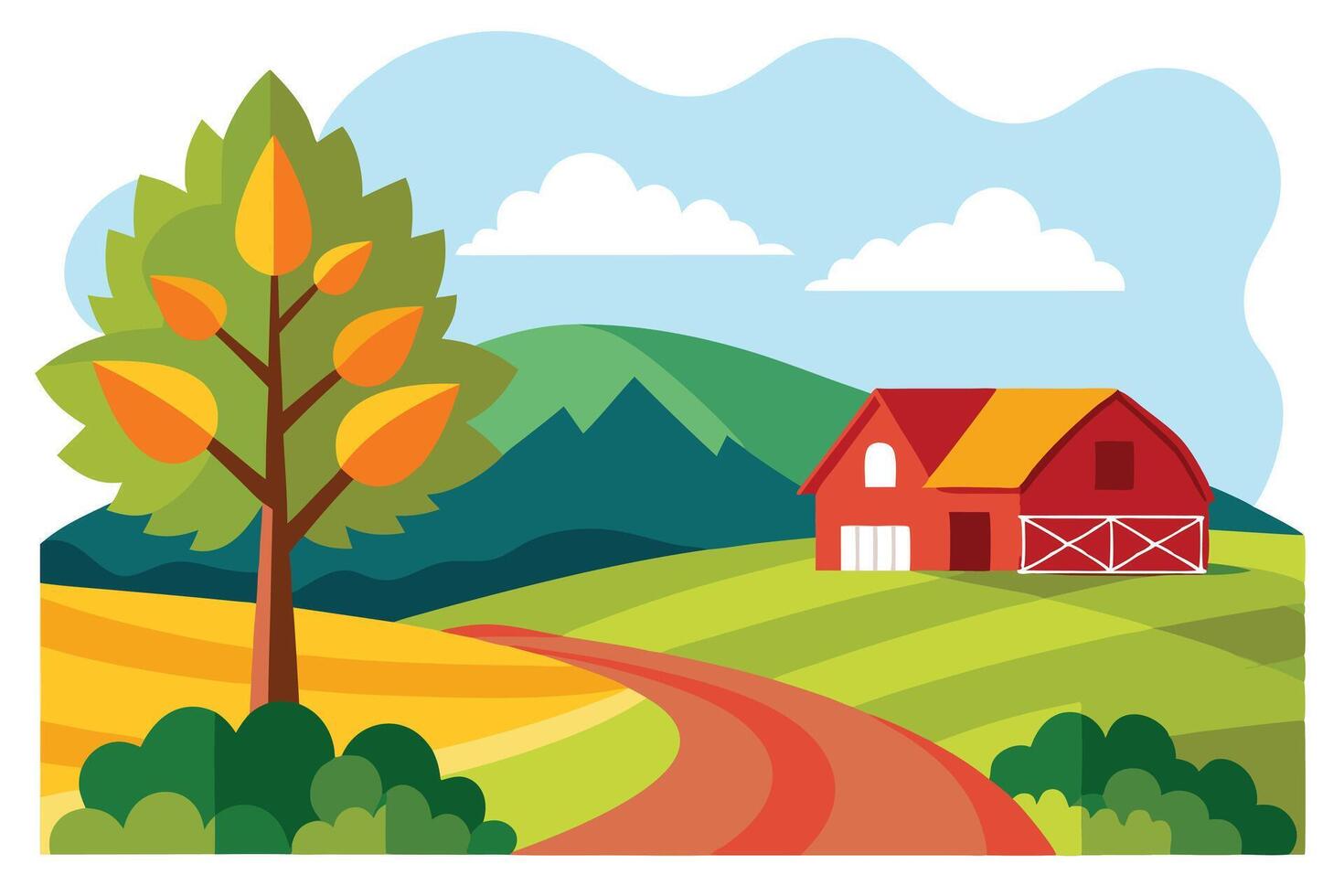 Colorful Flat of Farmhouse and Road, Tree with Autumn Foliage vector