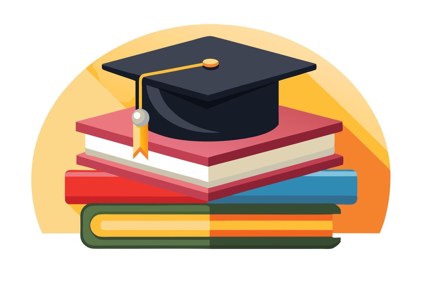 Graduation Cap on Stack of Books Isolated Overlays on Orange and White Gradient vector