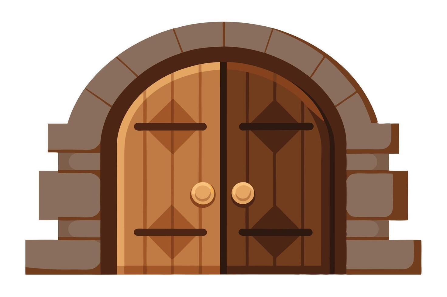 Cartoon Medieval Stone Archway with Wooden Double Door on White Backdrop vector