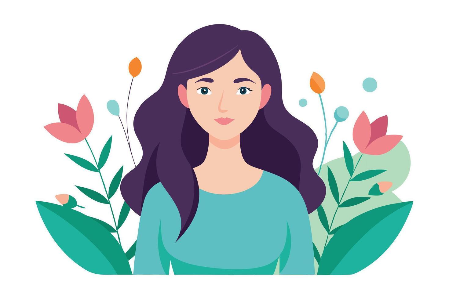 Attractive Woman with Purple Hair and Floral Ornament on a White Background vector