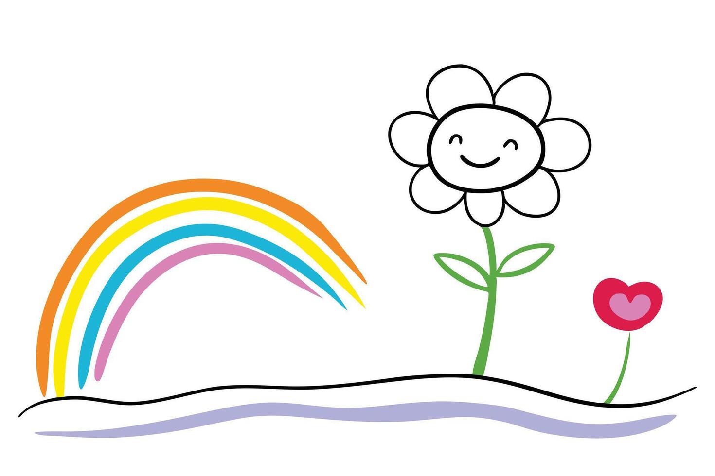 Cheerful Smiling Daisy, Cute Heart Flower, and Colorful Rainbow on White Background vector