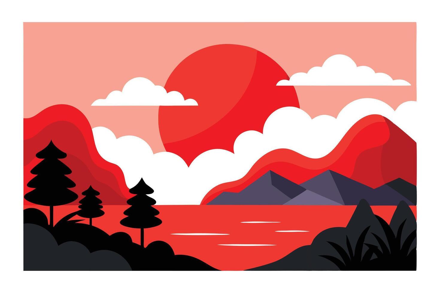 Minimalist Landscape with Red Sun, Mountains, Trees, and White Clouds Art vector