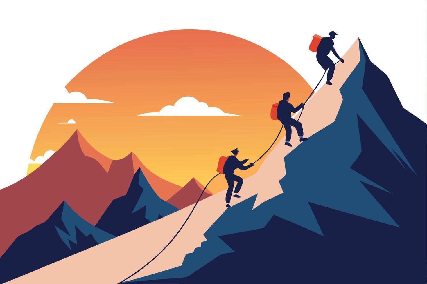Mountaineers Climber Roping on a Mountain Peak in Design, Minimalist Style vector
