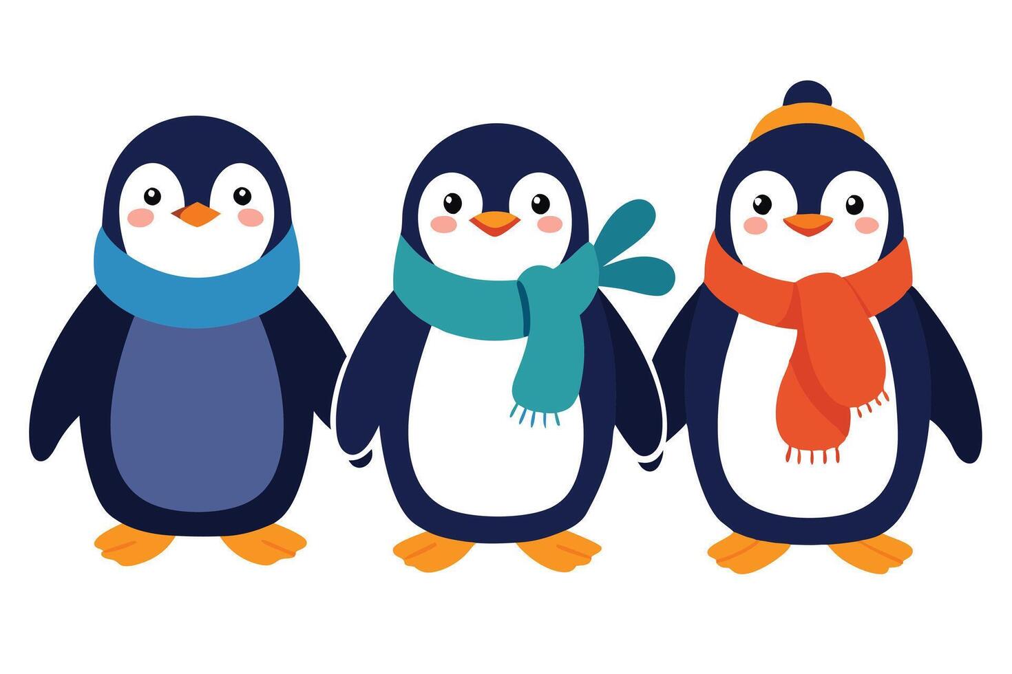 Cute Penguin Cartoon Characters, Winter Scarf and Hat, Christmas Penguins, White Background vector