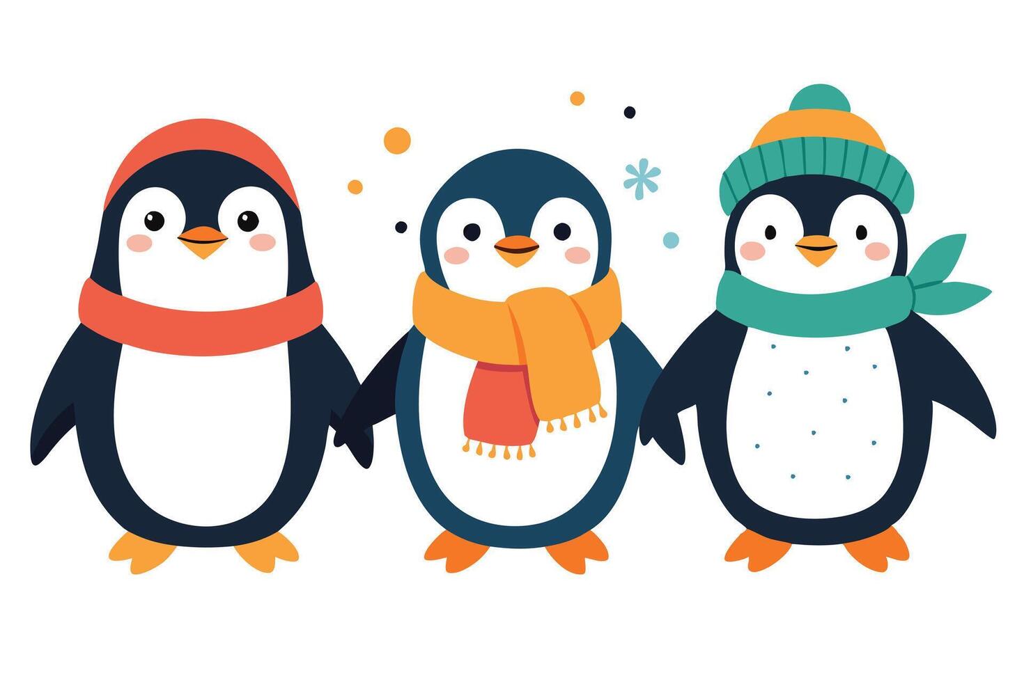 Cheerful Cartoon Penguins with Scarves and Hats on a White Background Art vector