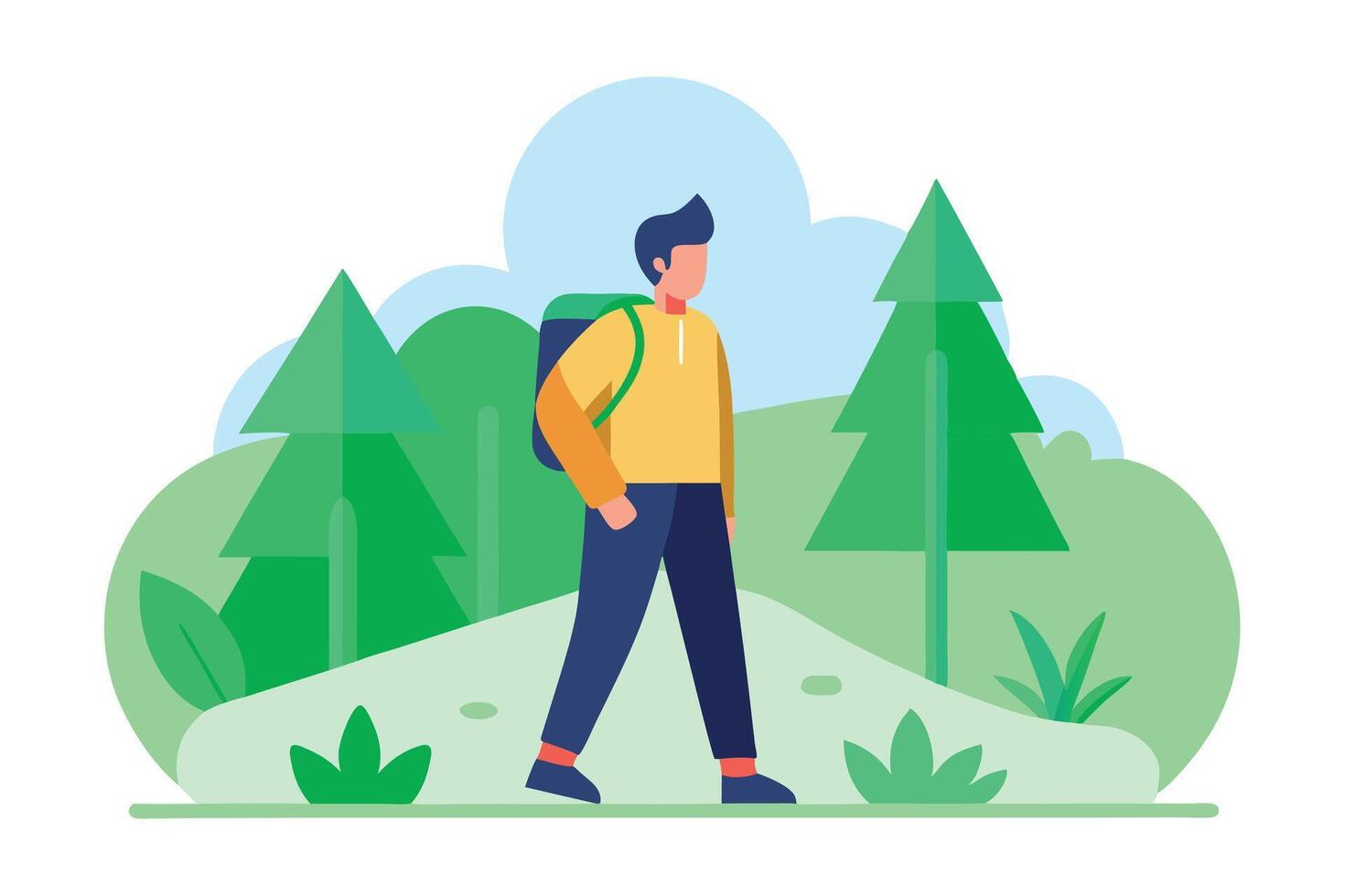 Flat Asian Man Hiking with Backpack in Nature Landscape on White Background vector