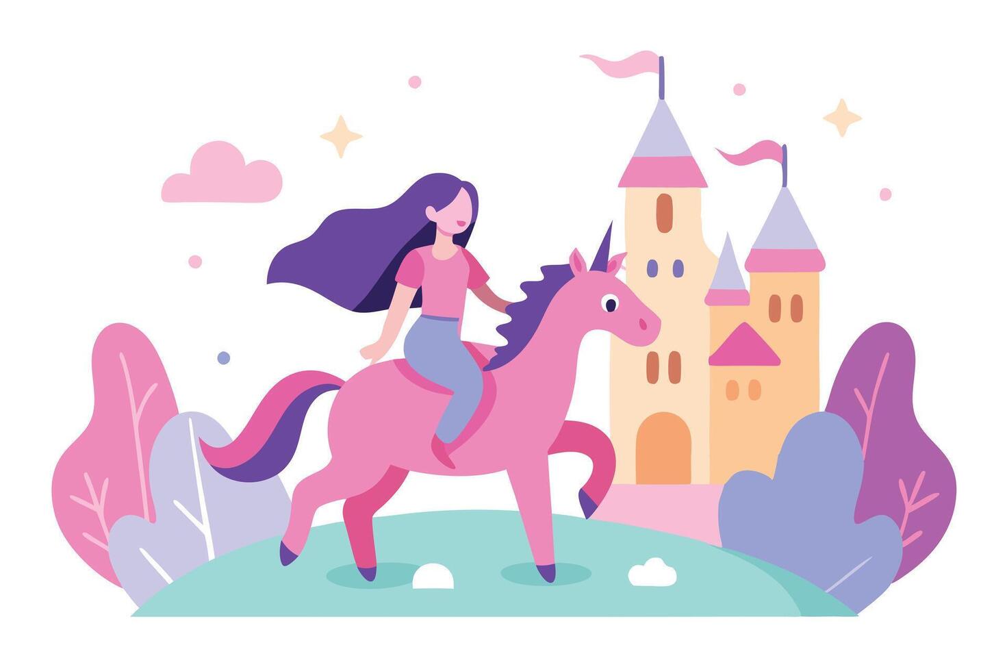 Girl on Pink Unicorn Ride near Fantasy Castle with Plants and Stars, Flat vector