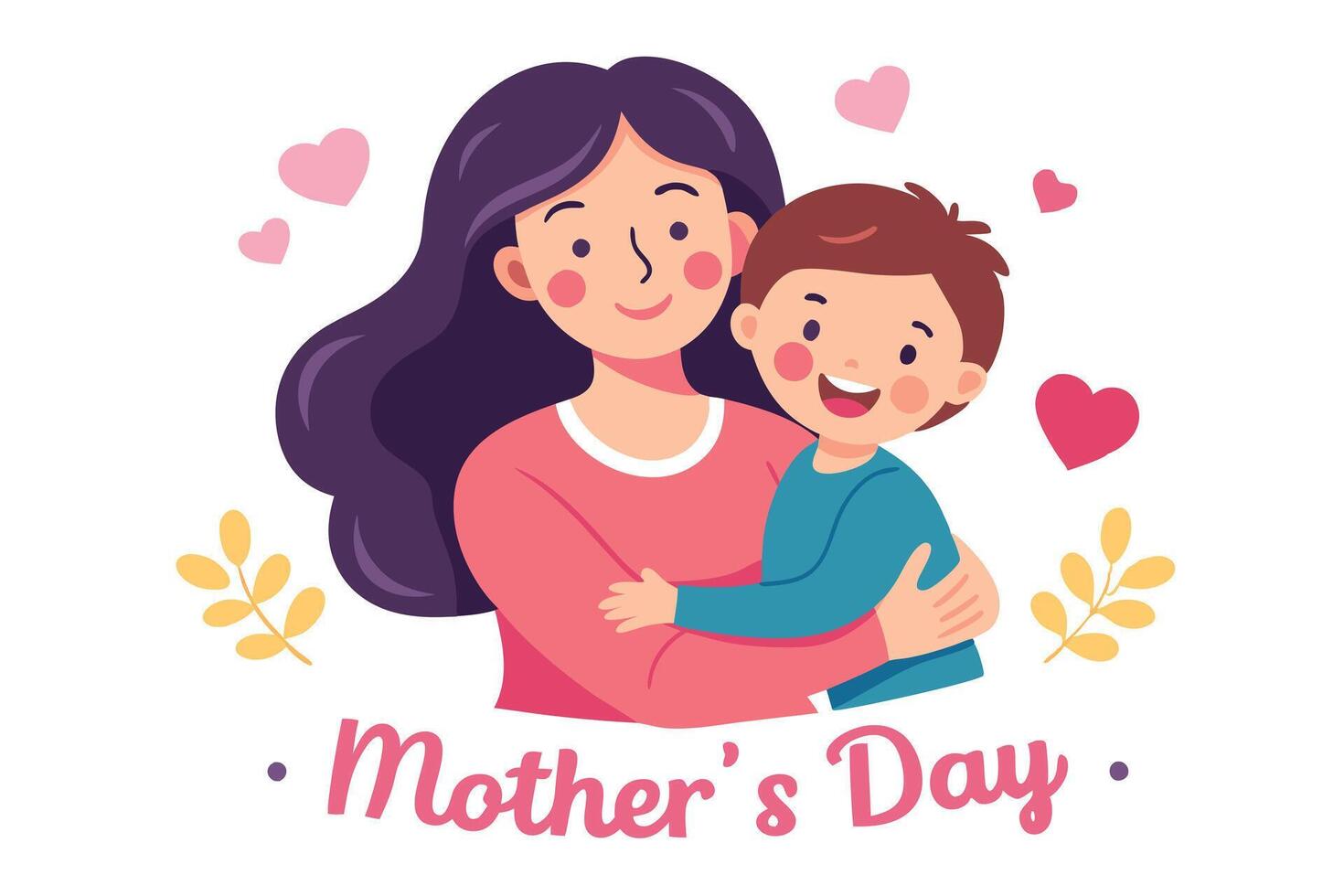 Cartoon Woman Hugging Child with Hearts and Floral Elements on White Background vector