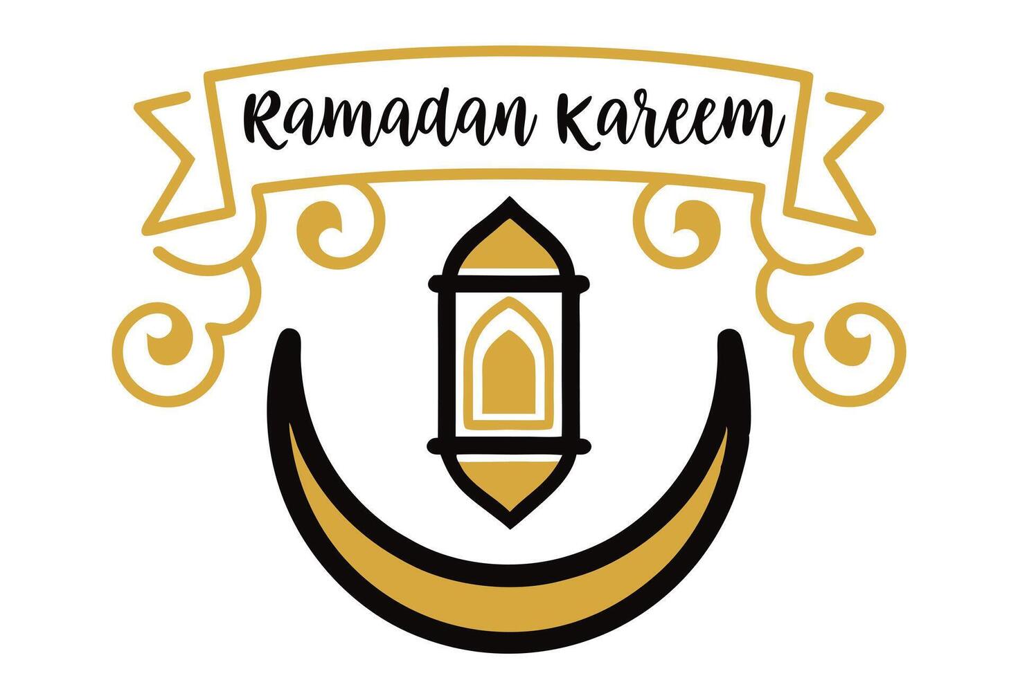 Ramadan Kareem Calligraphy on Golden Ribbon with Crescent and Lantern on white vector