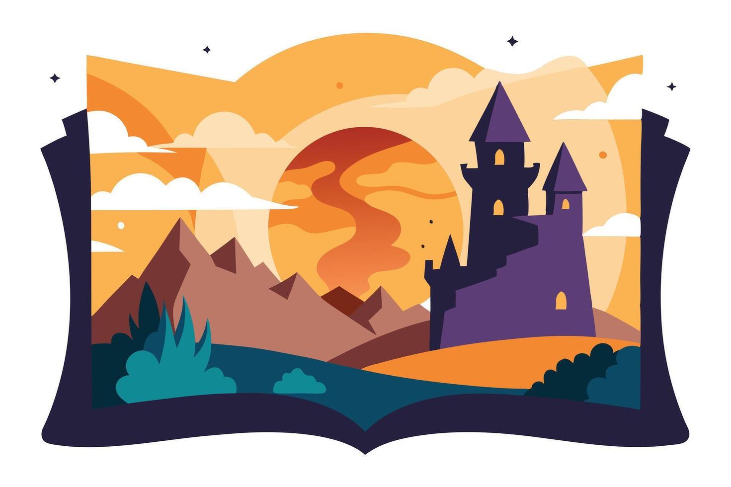 Flat Landscape with Purple Castle, Mountains, Hills, Clouds, and Open Book vector