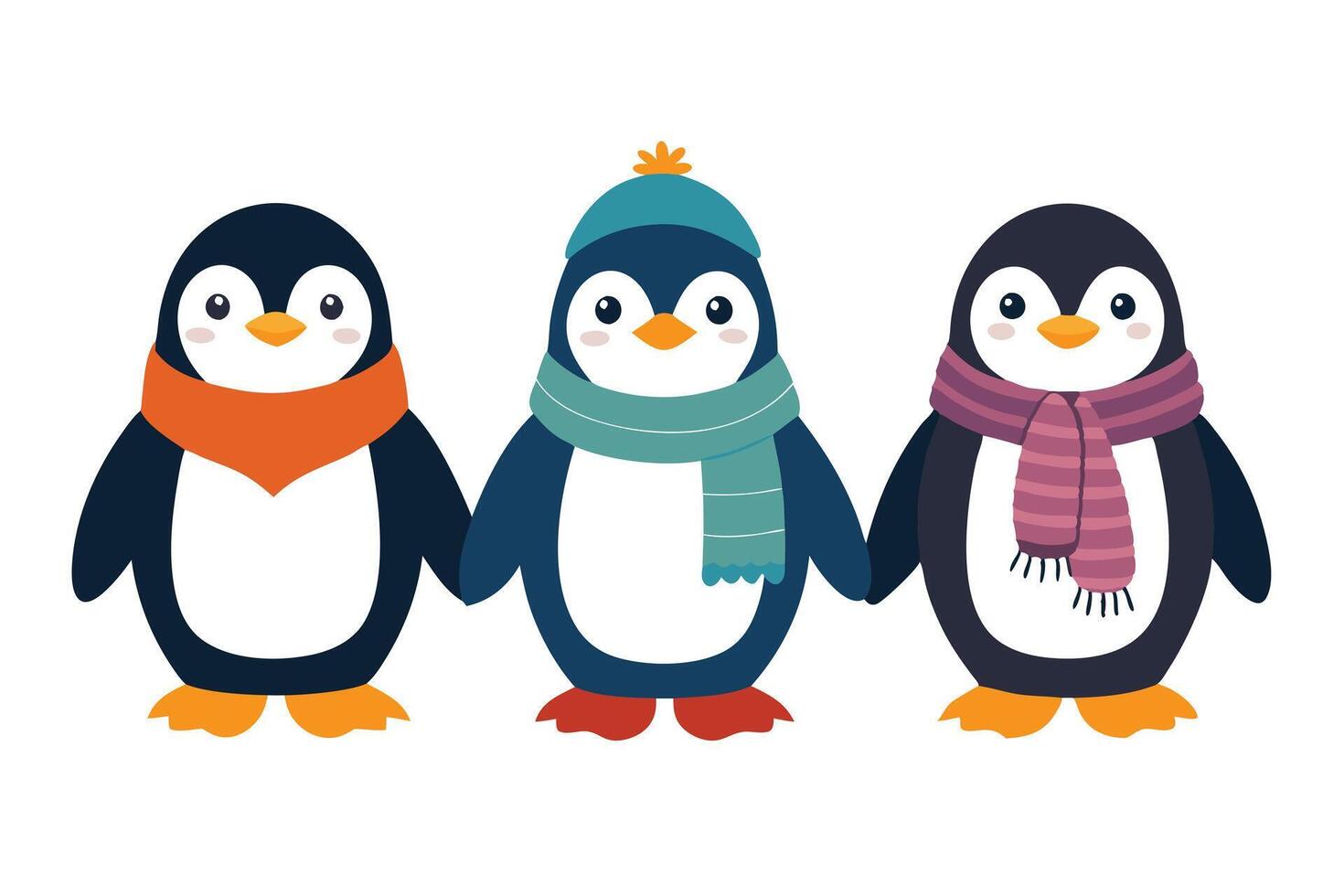 Cute Cartoon Penguins Holding Hands , Hat Scarf, Isolated On White Background vector
