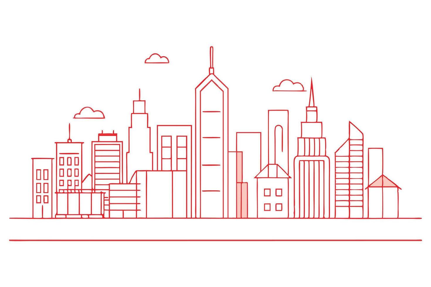 Line Art Cityscape in Red Outline on White Backdrop Minimalist Urban View vector