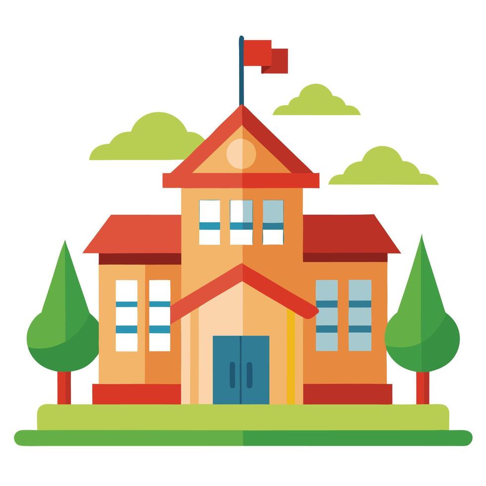 Facade of Orange Building with Red Roof and Flag with Green Scenery on White vector