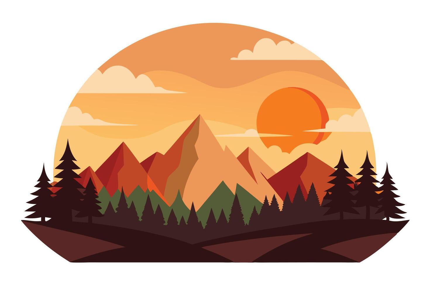 Flat Landscape with Mountains, Sunset, Evergreen Trees, and Cloudy Skies vector