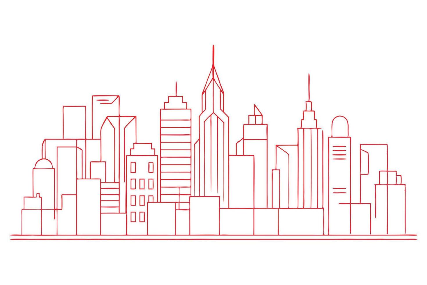 Linear Red Skyline Outline with Skyscrapers on a White Background Cityscape Design vector