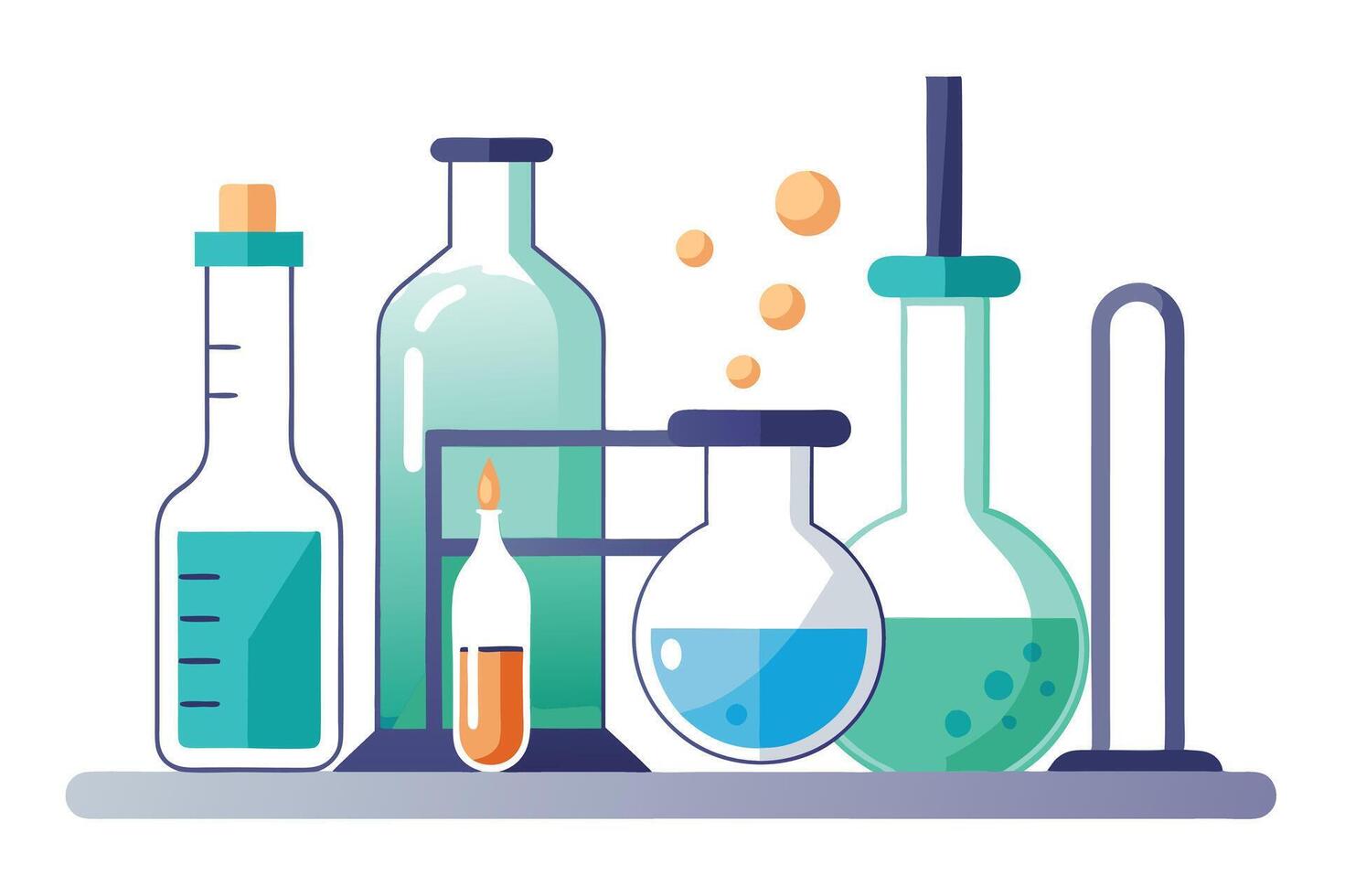 Colorful Glass Chemistry Lab Beakers on Shelf with White Background vector