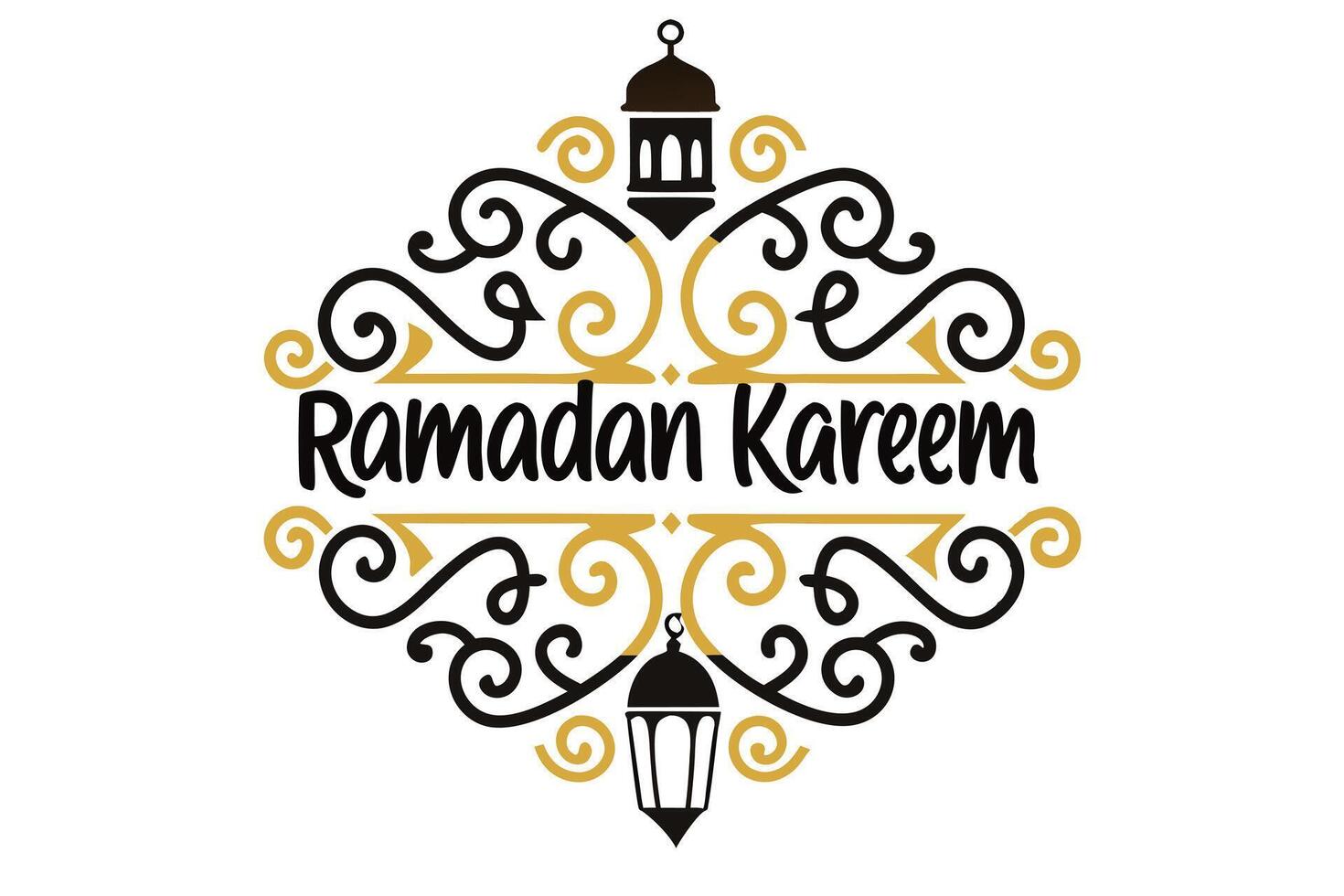 Ramadan Kareem Text with Swirls and Lanterns Art on White Background vector