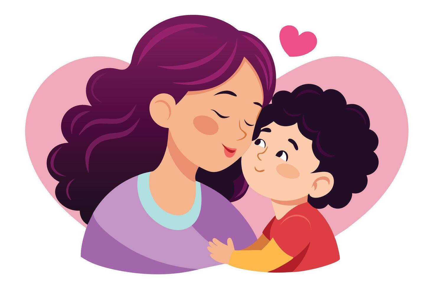 Mother and Son Embrace. Woman with purple hair with kid on White Background vector