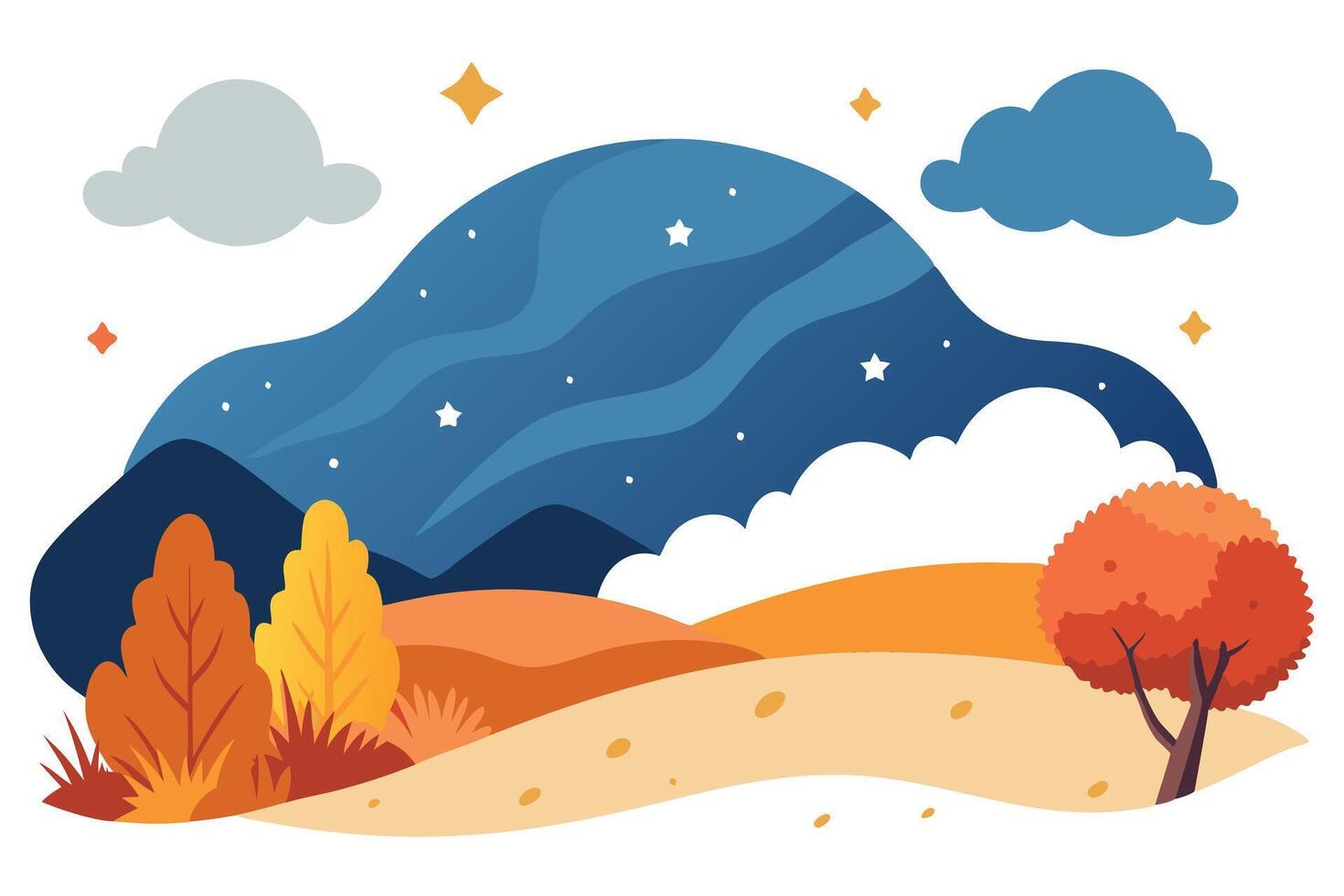 Scenic Night Landscape with Starry Sky Clouds and Autumn Trees vector