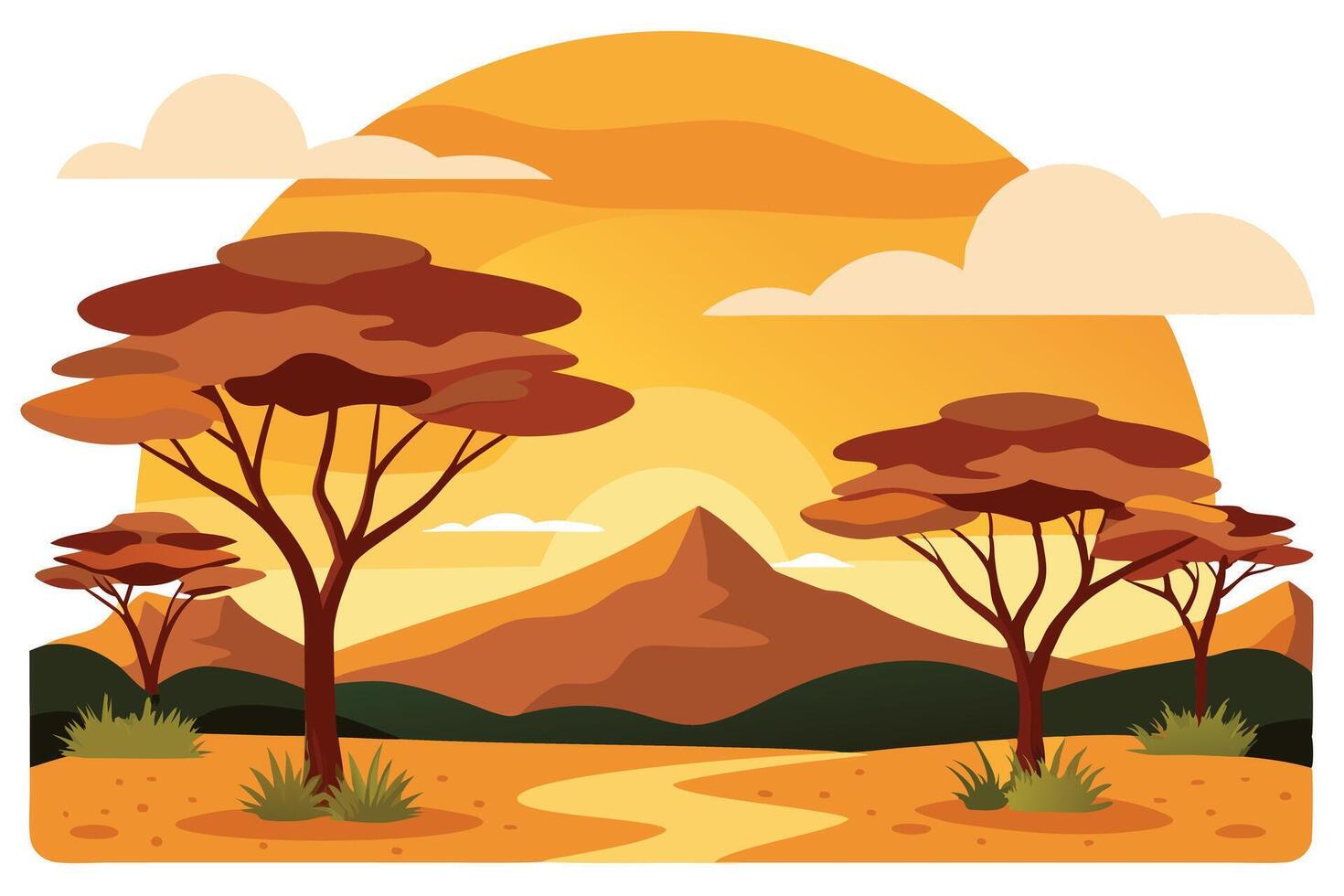 Flat African Savanna Landscape with Trees, Mountain, Cloud, and Sunlight vector