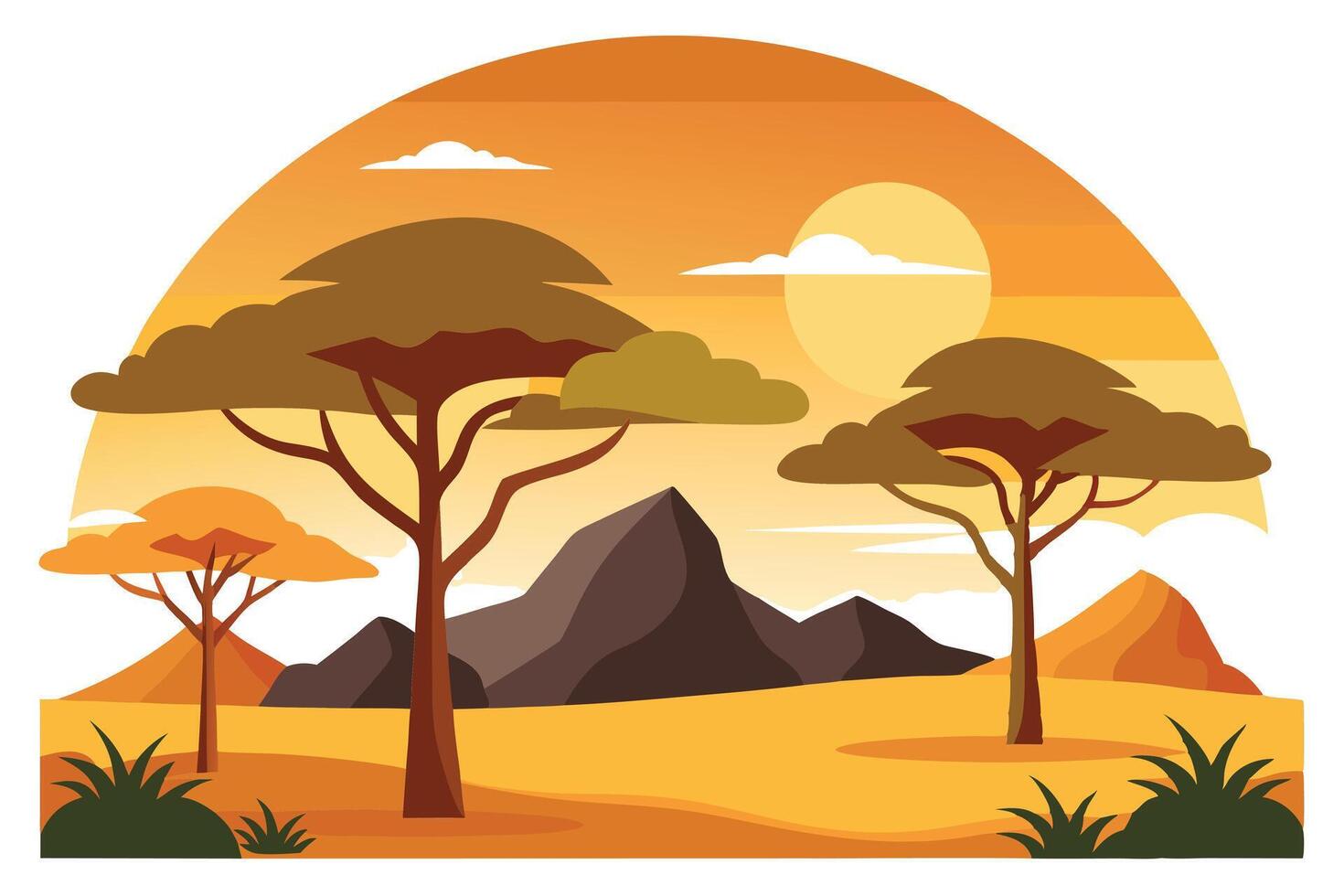 African Landscape with Trees, Mountains, Sunset in Flat Style vector