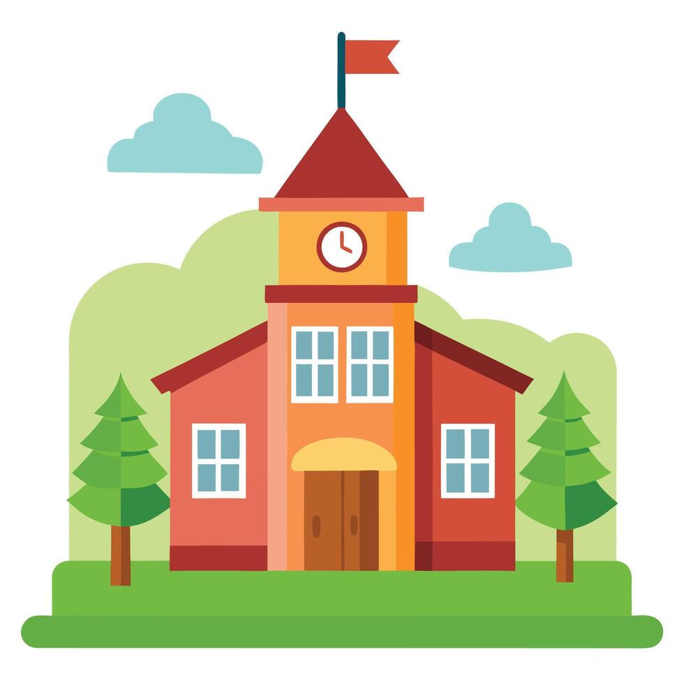 Flat Cartoon Building With Clock Tower, Flag, Trees and Blue Clouds vector