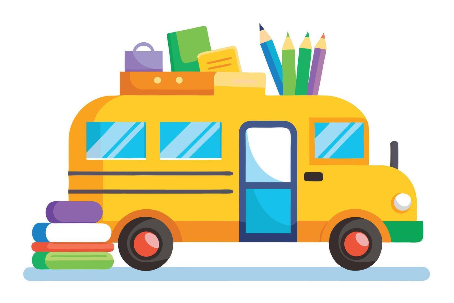 Cartoon Yellow Bus with Books, Pencils, and Bag on White Background, Flat vector
