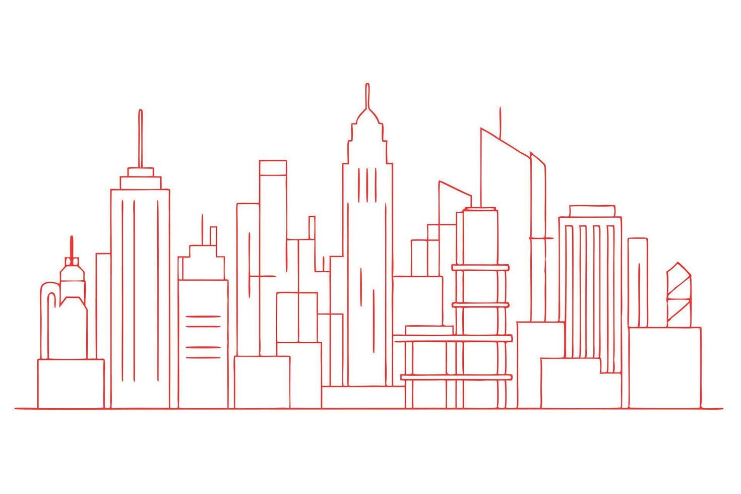 Red Outline Skyline, Cityscape with Various Skyscrapers on White Background vector