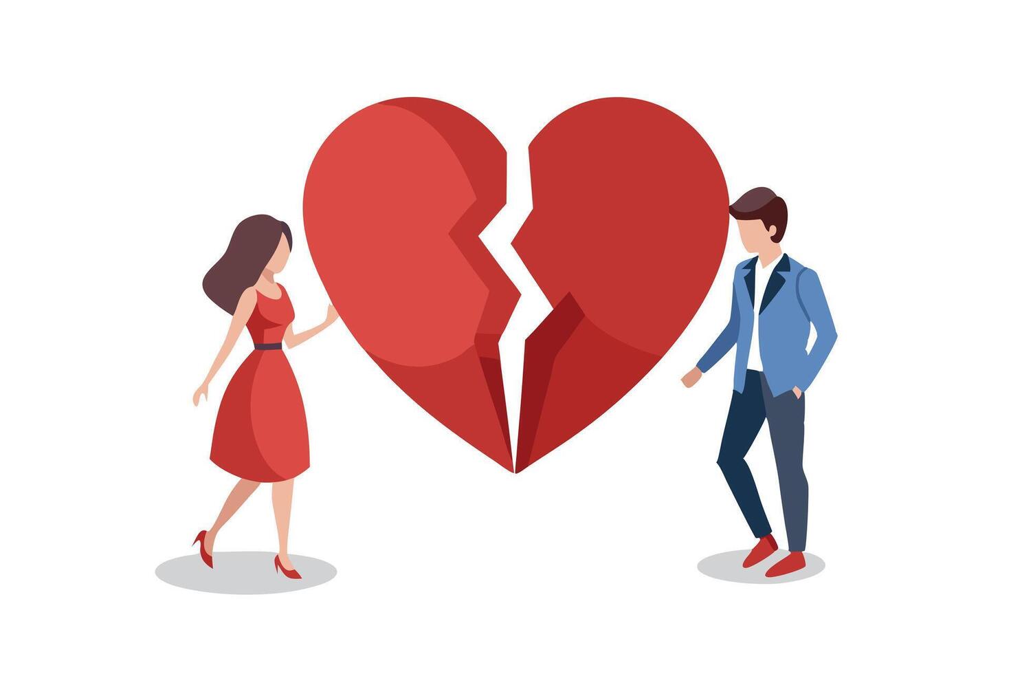 Flat Style Couple with Broken Heart on White Background, Woman Red Dress, Man Blazer vector