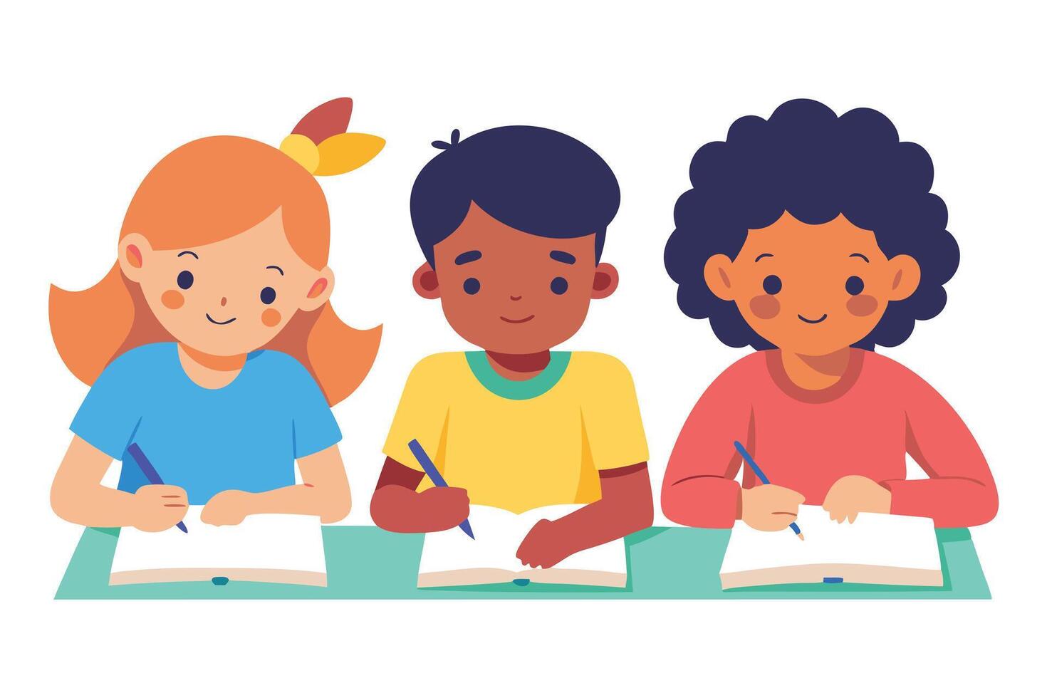Group of diverse students writing. Cartoon flat on white background vector
