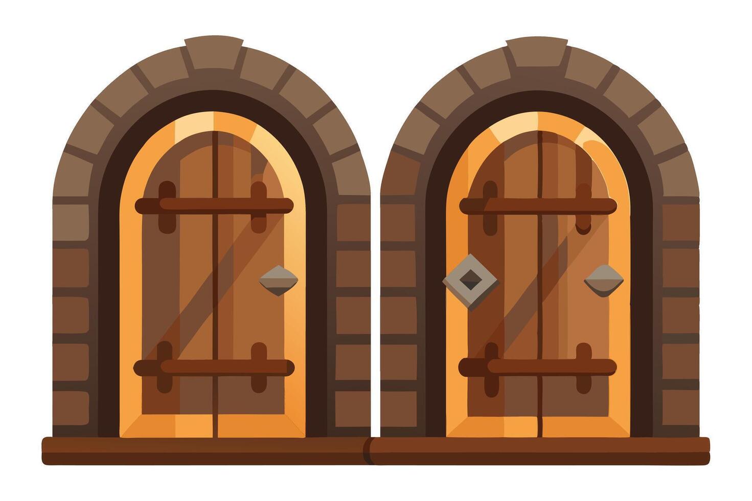 Cartoon Arched Wooden Doors with Stone Frame. Medieval, Rustic, Castle Style vector