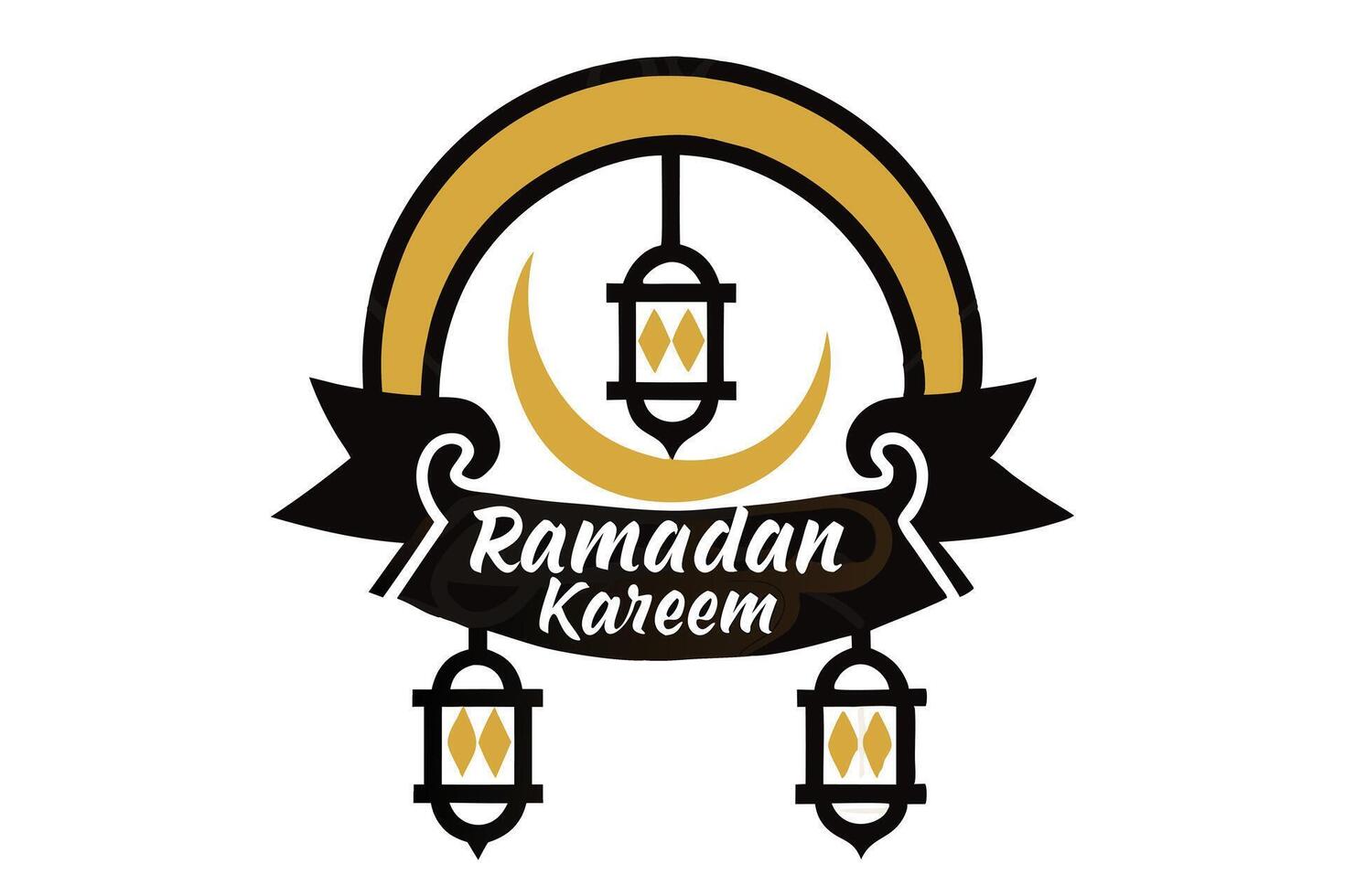 Ramadan Kareem Art Featuring Golden Crescent Moon and Traditional Lanterns on White vector